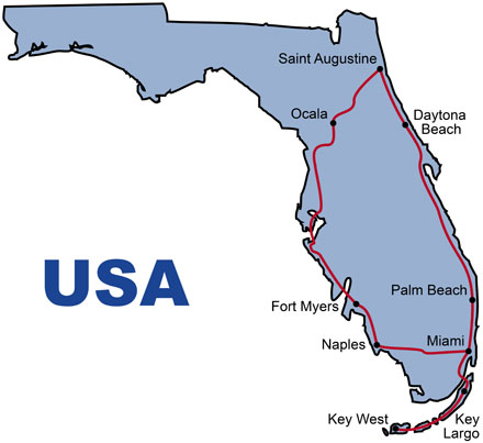 The Route for the USA Florida Sunshine KeaRider Motorcycle Tours