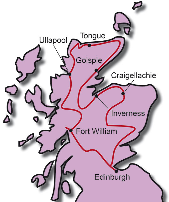 The Route for the Europe Scotland KeaRider Motorcycle Tours 